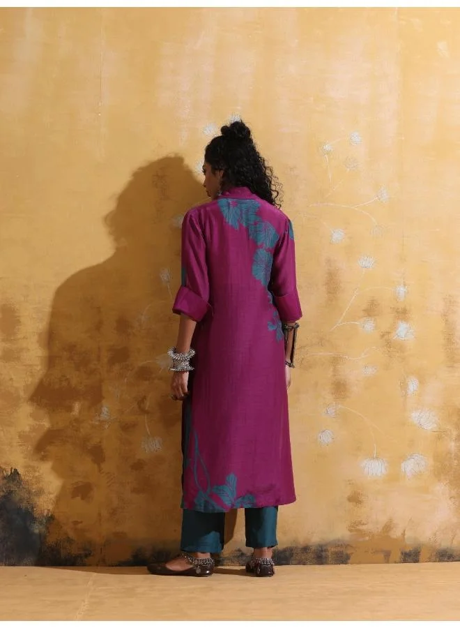 ترو برونز trueBrowns Purple Teal Floral Print Muslin Silk Straight Kurta Set