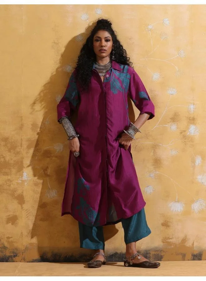 trueBrowns trueBrowns Purple Teal Floral Print Muslin Silk Straight Kurta Set