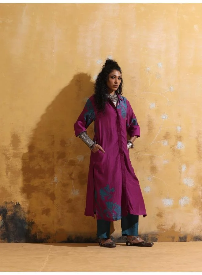trueBrowns trueBrowns Purple Teal Floral Print Muslin Silk Straight Kurta Set