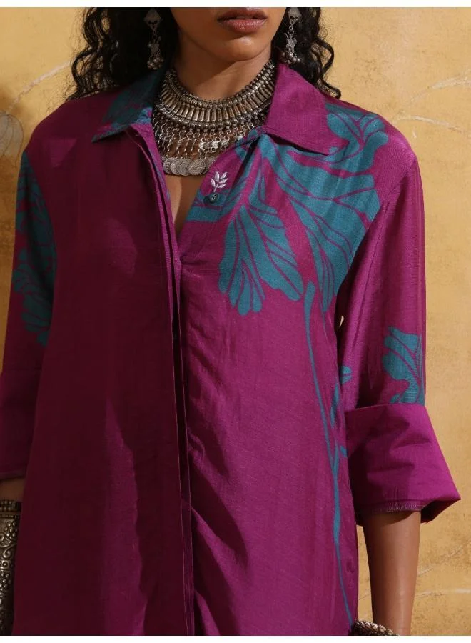 trueBrowns trueBrowns Purple Teal Floral Print Muslin Silk Straight Kurta Set