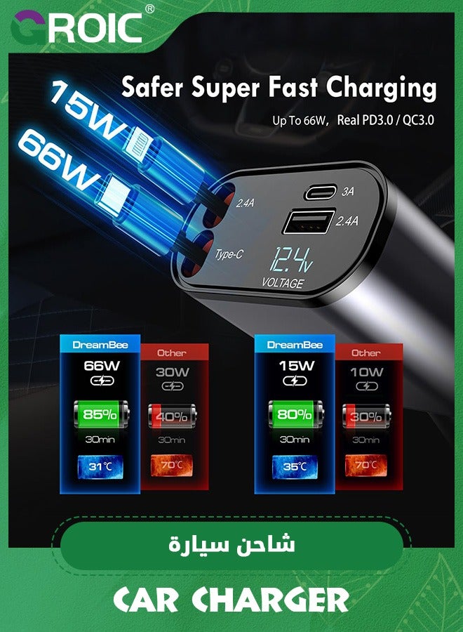 GROIC Retractable Car Charger,120W 4 in 1 Super Fast Charge Car Phone Charger,Retractable Cables,and 2 USB Ports Car Charger Adapter for iPhone,Pad,Samsung - Image 3