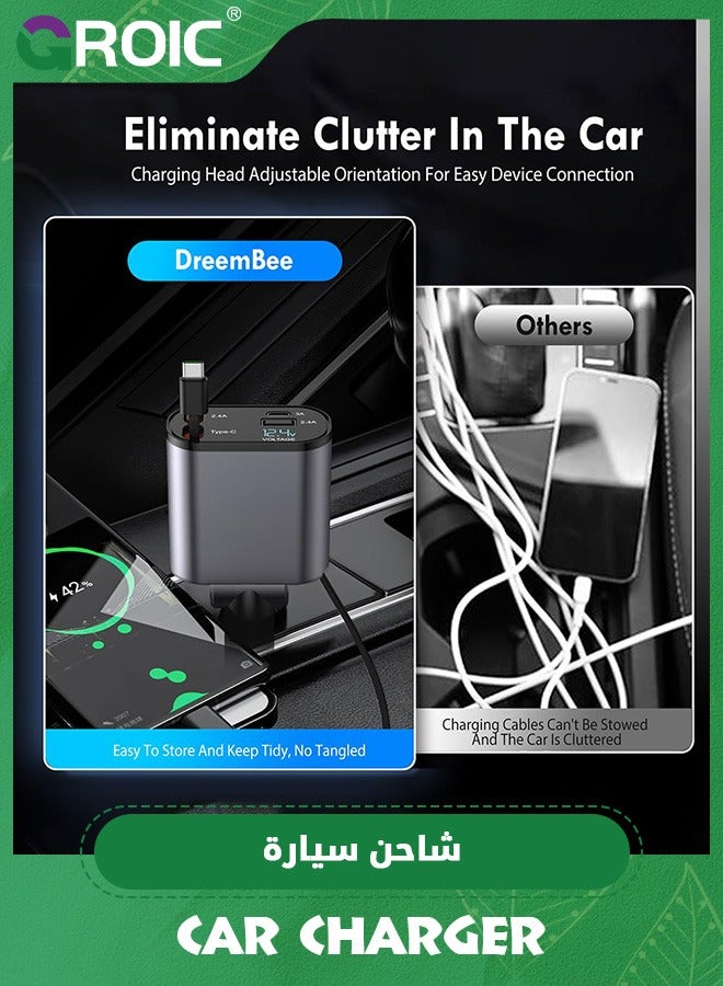 GROIC Retractable Car Charger,120W 4 in 1 Super Fast Charge Car Phone Charger,Retractable Cables,and 2 USB Ports Car Charger Adapter for iPhone,Pad,Samsung - Image 4