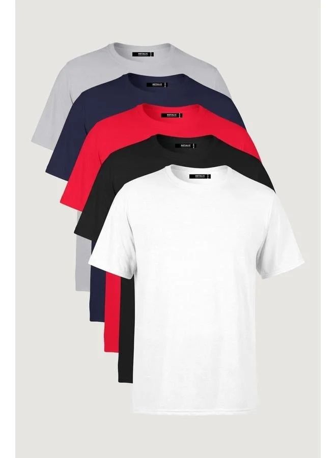 mmetalic Men's Multicolor 100% Cotton Basic T-Shirt 5-Pack, Regular Fit, Relaxed Cut, Crew Neck