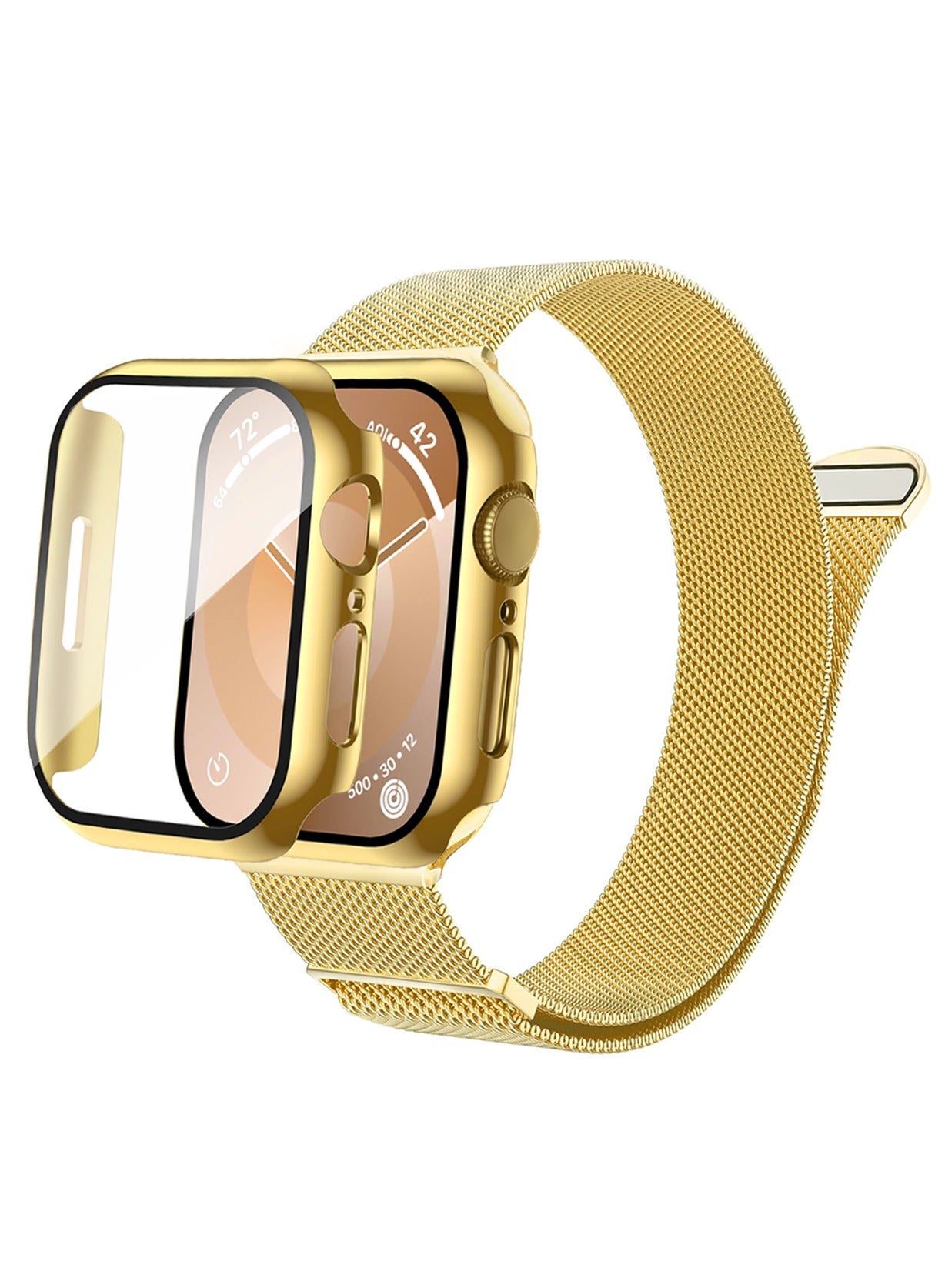 Case and watch band Set for Apple Watch 44mm (Series 4/5/6/SE/SE2), stainless steel mesh metal iWatch strap with Tempered Glass Screen Protector, Golden