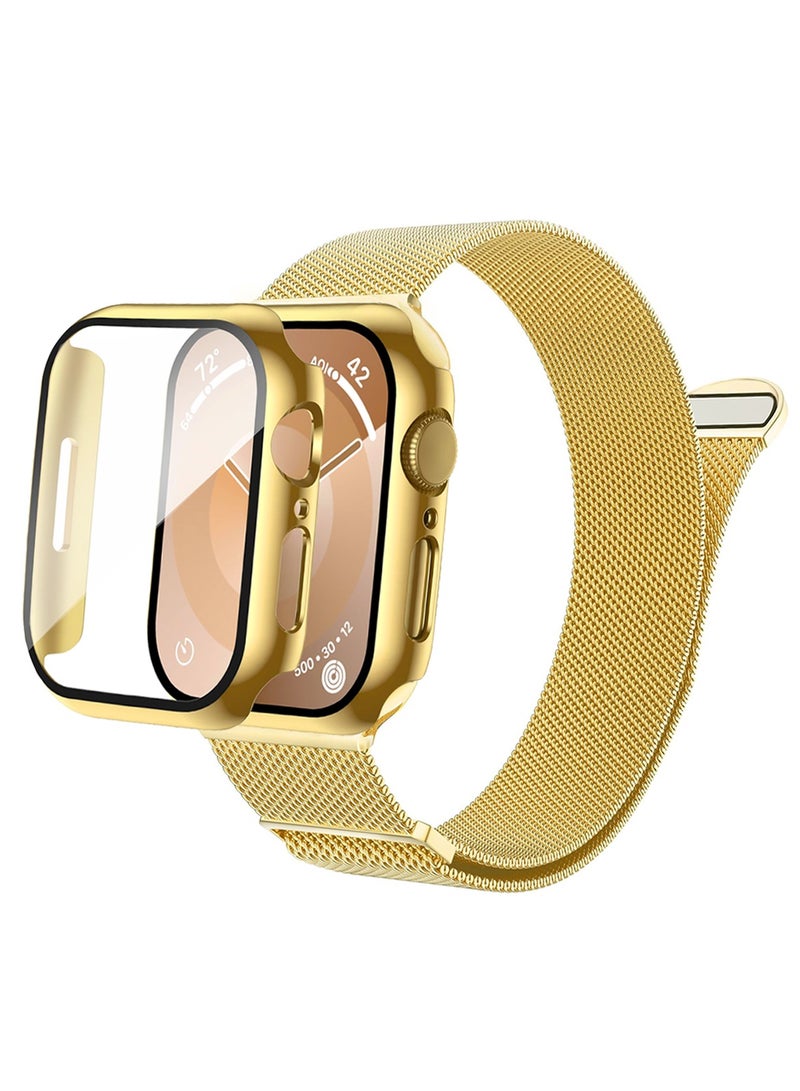 Case and watch band Set for Apple Watch 44mm (Series 4/5/6/SE/SE2), stainless steel mesh metal iWatch strap with Tempered Glass Screen Protector, Golden - Image 1