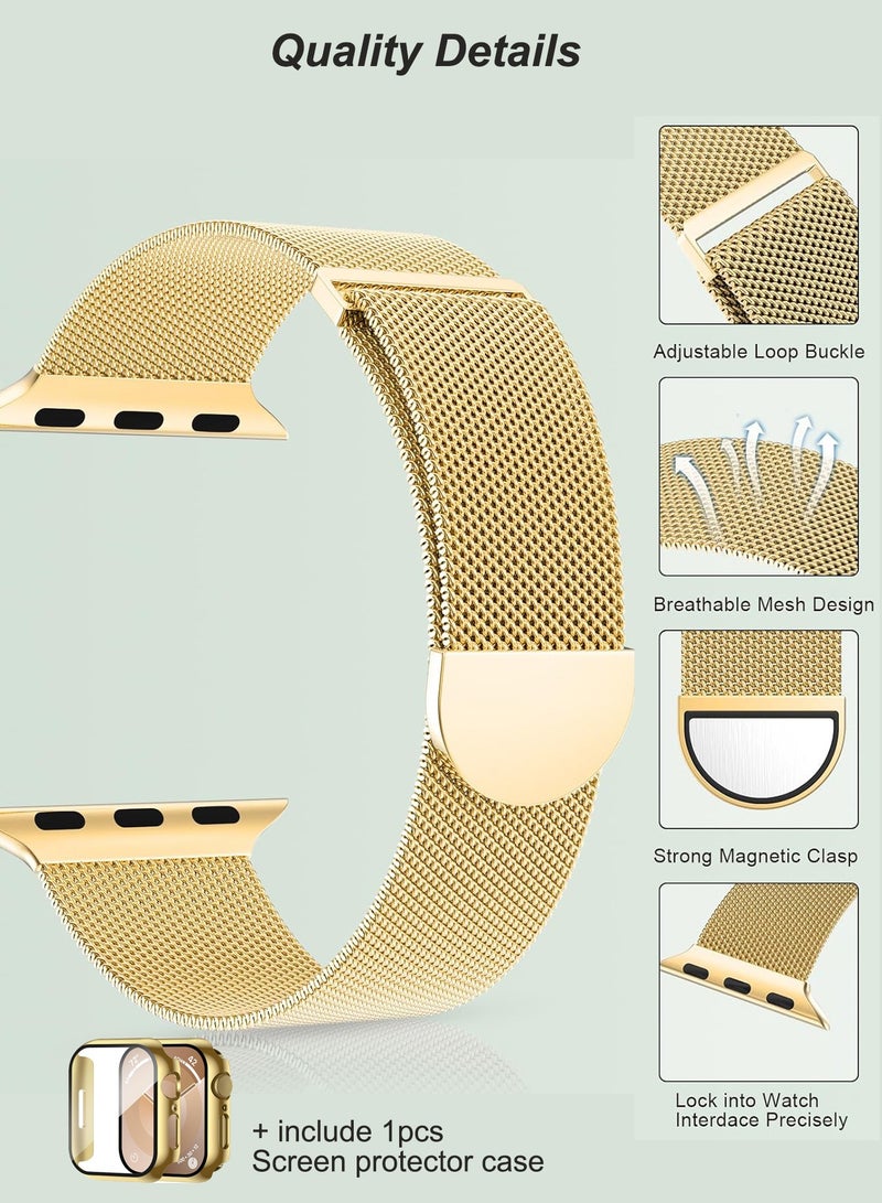 Case and watch band Set for Apple Watch 44mm (Series 4/5/6/SE/SE2), stainless steel mesh metal iWatch strap with Tempered Glass Screen Protector, Golden - Image 3