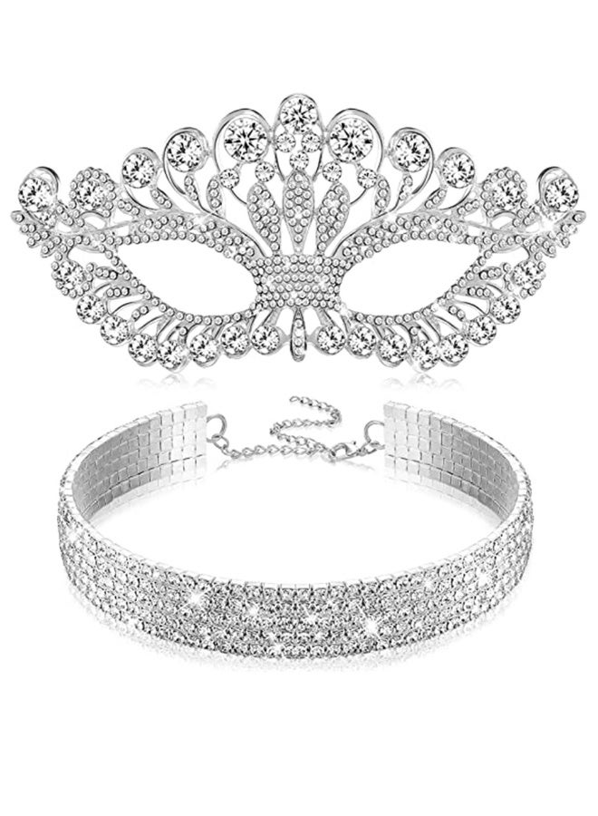 Rhinestone Masquerade Mask and Choker Necklace Jewelry Set, Crystal Eye for Women Costume Party（2 Pcs） - Image 1