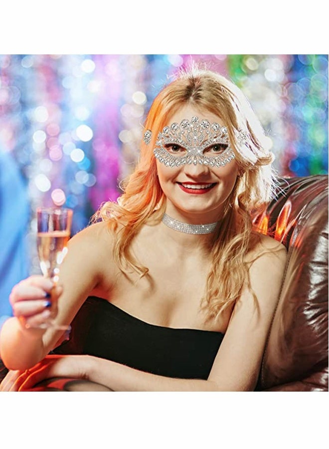 Rhinestone Masquerade Mask and Choker Necklace Jewelry Set, Crystal Eye for Women Costume Party（2 Pcs） - Image 5
