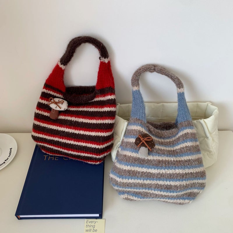 Vintage Striped Knitted Handbag with Mushroom Decor - Image 1