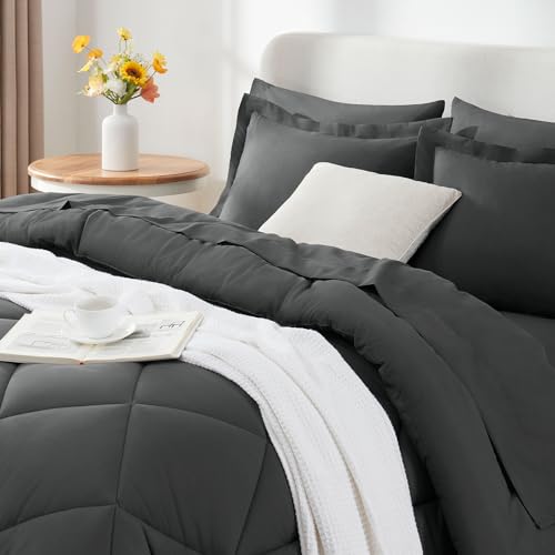 CozyLux Full Size Comforter Sets Dark Grey - 7 Pieces Bed in a Bag Full, Luxury Soft Bed Set for All Seasons, Bedding Set with Down Alternative Comforter, Sheets, Pillowcases & Shams - Image 3