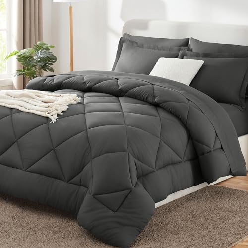 CozyLux Full Size Comforter Sets Dark Grey - 7 Pieces Bed in a Bag Full, Luxury Soft Bed Set for All Seasons, Bedding Set with Down Alternative Comforter, Sheets, Pillowcases & Shams - Image 1