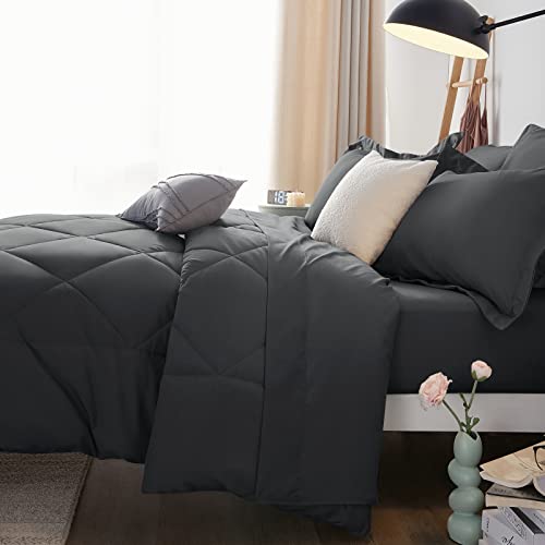 CozyLux Full Size Comforter Sets Dark Grey - 7 Pieces Bed in a Bag Full, Luxury Soft Bed Set for All Seasons, Bedding Set with Down Alternative Comforter, Sheets, Pillowcases & Shams - Image 4