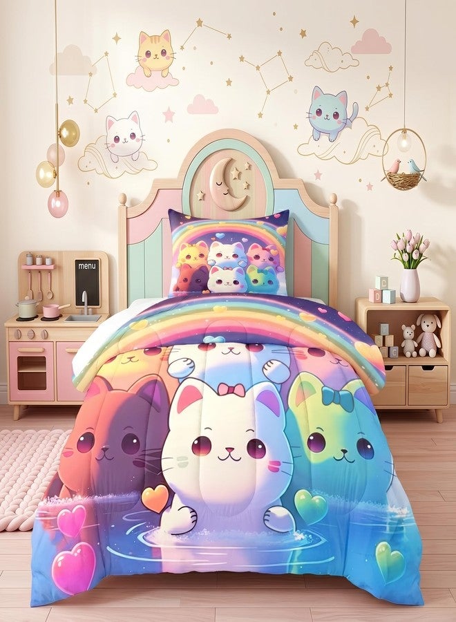 Jiospet Rainbow Cat Comforter Twin Size - Cat Bedding for Girls Room Cute Cartoon Rainbow Bedding Twin Sets for Kids, 1 Comforter+1 Pillowcase - Image 1