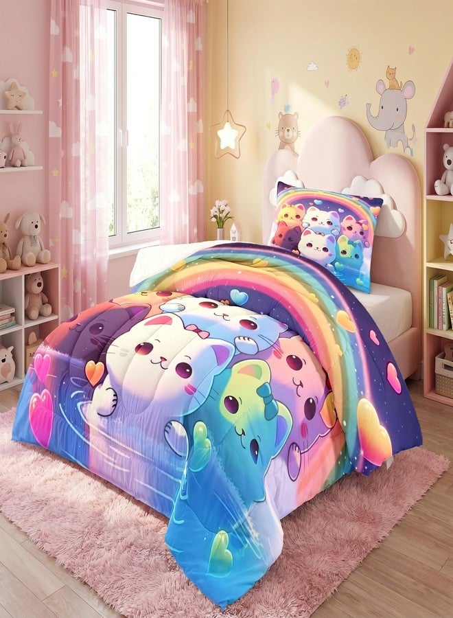 Jiospet Rainbow Cat Comforter Twin Size - Cat Bedding for Girls Room Cute Cartoon Rainbow Bedding Twin Sets for Kids, 1 Comforter+1 Pillowcase - Image 2
