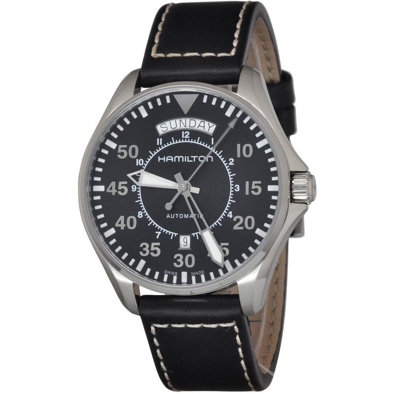 Hamilton Watch Khaki Aviation Pilot Day Date Auto | Swiss Made | 42mm Stainless Steel Case | Black Dial Analog Watch | Black Leather Strap (Model: H64615735) - Image 3