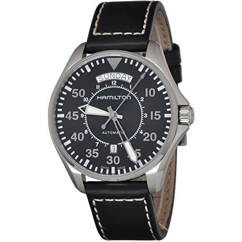 Hamilton Watch Khaki Aviation Pilot Day Date Auto | Swiss Made | 42mm Stainless Steel Case | Black Dial Analog Watch | Black Leather Strap (Model: H64615735) - Image 1