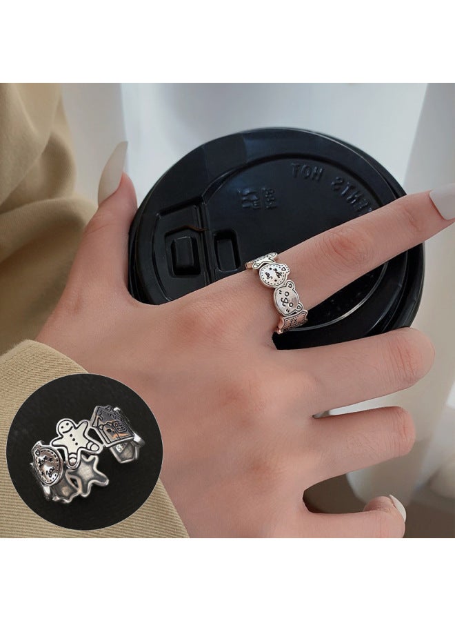 Children's Fun Cute Crayon Small New Ring Women's Vintage Old S925 Silver Open Finger Ring Cold Wind Ring