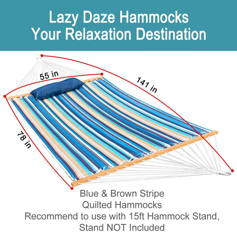 Lazy Daze Hammocks 12 FT Quilted Fabric Double Hammock with Spreader Bars and Detachable Pillow, 450lbs Weight Capacity - Image 3