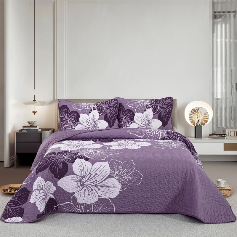 DJY 3 Pieces Quilt Set Queen Dark Purple Floral Pattern Quilt Coverlet Set Gorgeous Boho Bedspread with 2 Pillow Cases Soft Microfiber Botanical Bedding Quilt Set for All Season 90x 96