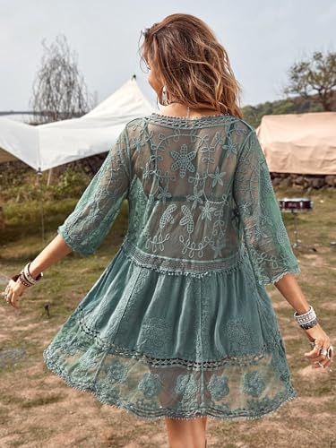 Moss Rose Women's Lace Beach Cover Ups V Neck Boho Dress Vacation Clothes for Women Swimsuit Bathing Suit Coverup Beachwear Green - Image 2