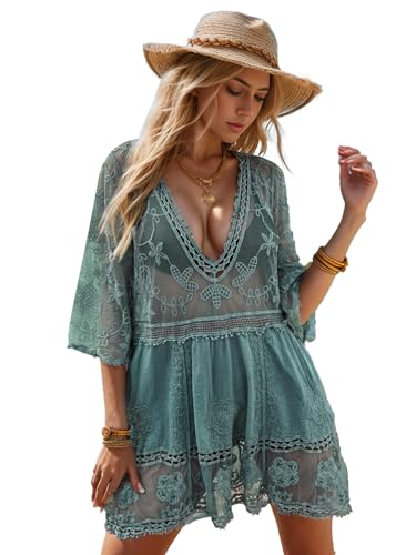 Moss Rose Women's Lace Beach Cover Ups V Neck Boho Dress Vacation Clothes for Women Swimsuit Bathing Suit Coverup Beachwear Green - Image 1