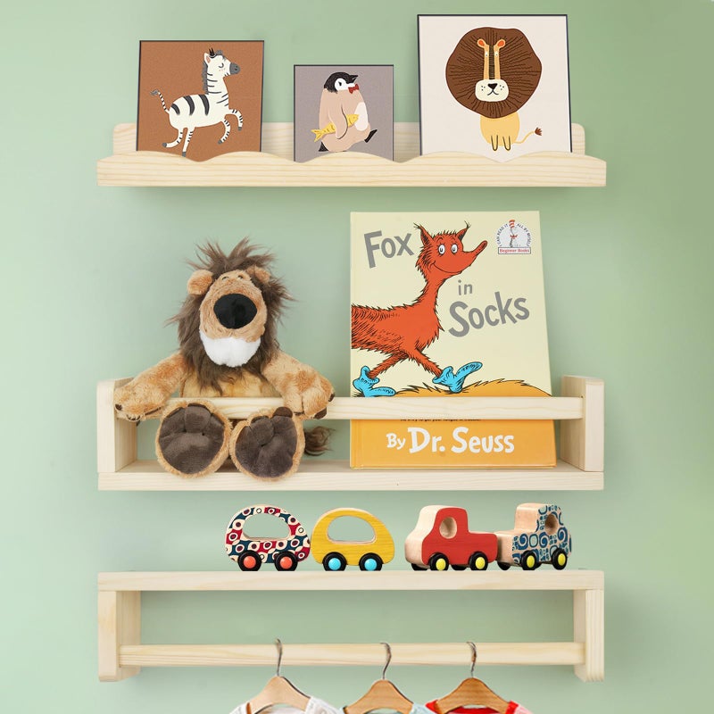 storenization 16.5" Natural Wood Floating Book Shelves (2+1 Set with Picture Ledge), Country Rustic Style, Wall-Mounted, 3 Count, Bedroom - Image 1