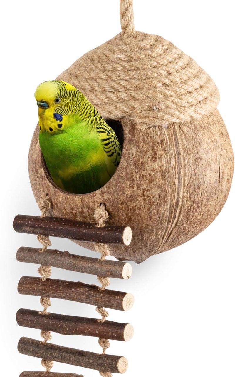 andwe Coconut Bird Nest Hut with Ladder for Parrots Parakeet Conures Cockatiel - Small Animals House Pet Cage Habitats Decor - Image 1
