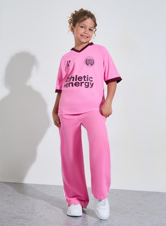 Styli Teen Girls Pink V Neck Oversized Sports Jersey T-Shirt - Image 2