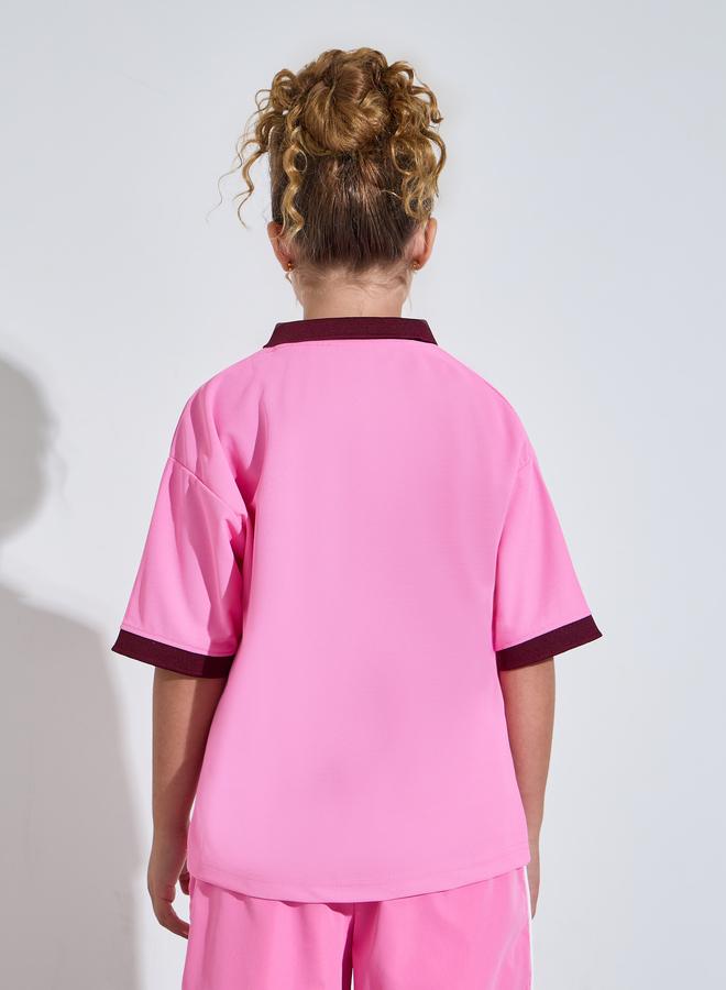 Styli Teen Girls Pink V Neck Oversized Sports Jersey T-Shirt - Image 4