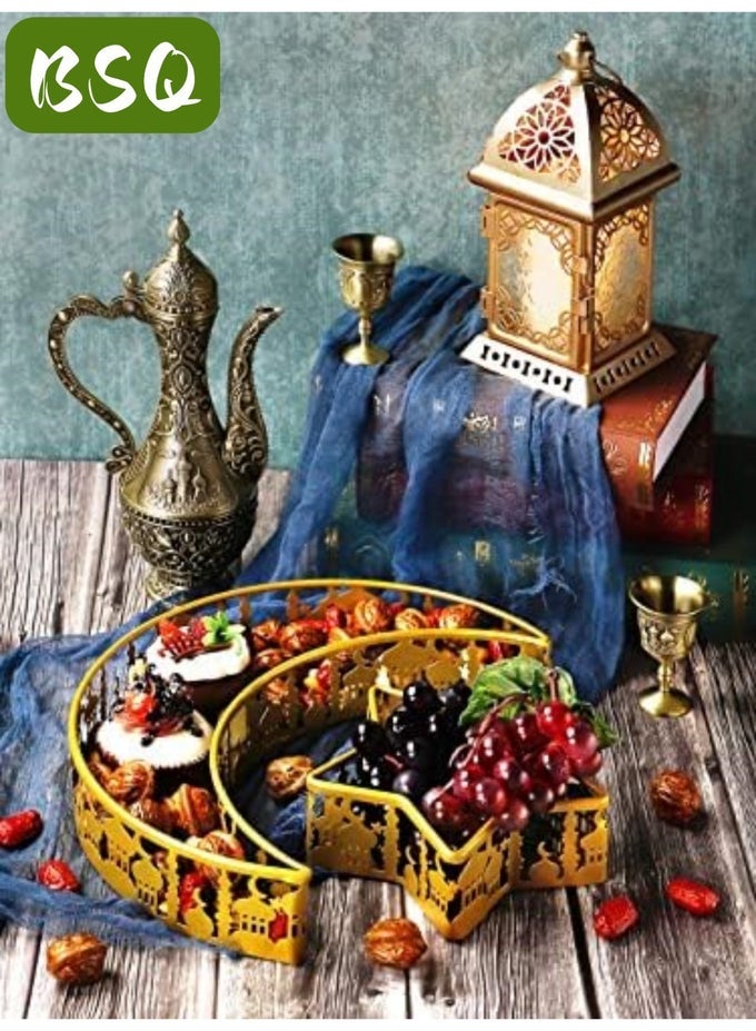 Ramadan serving dishes, decorative plates, and table decorations, including trays adorned with golden crescent moons and stars, are perfect for serving desserts, snacks, and sweets, and are suitable for home decor and party supplies.