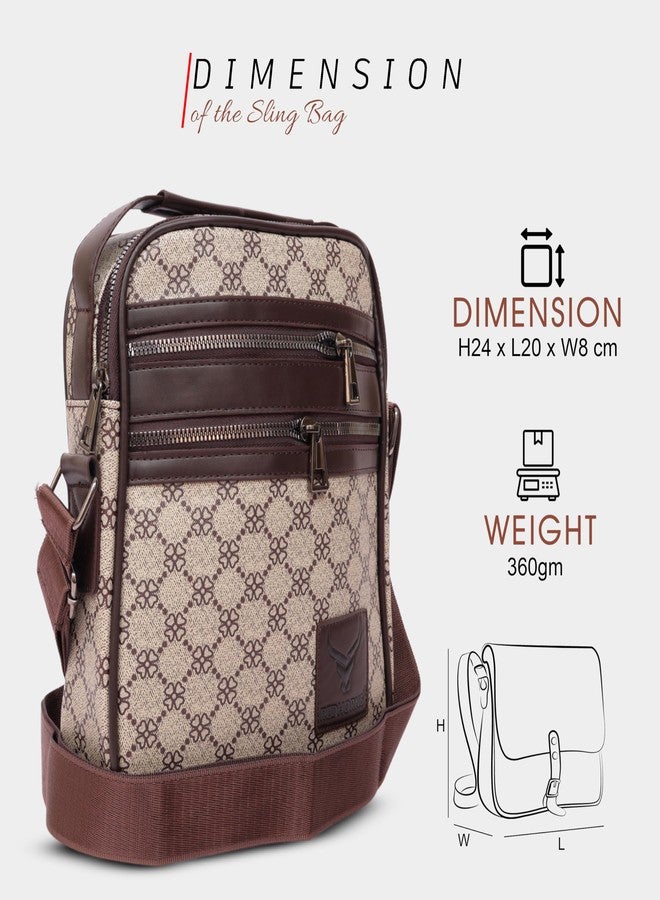 REDHORNS Faux Leather Printed Sling Bag for Men and Women Travel Cross Body Shoulder Bag With Shoulder Strap, Business Messenger Bag with 5 Zipper Pockets (Brown) - Image 3