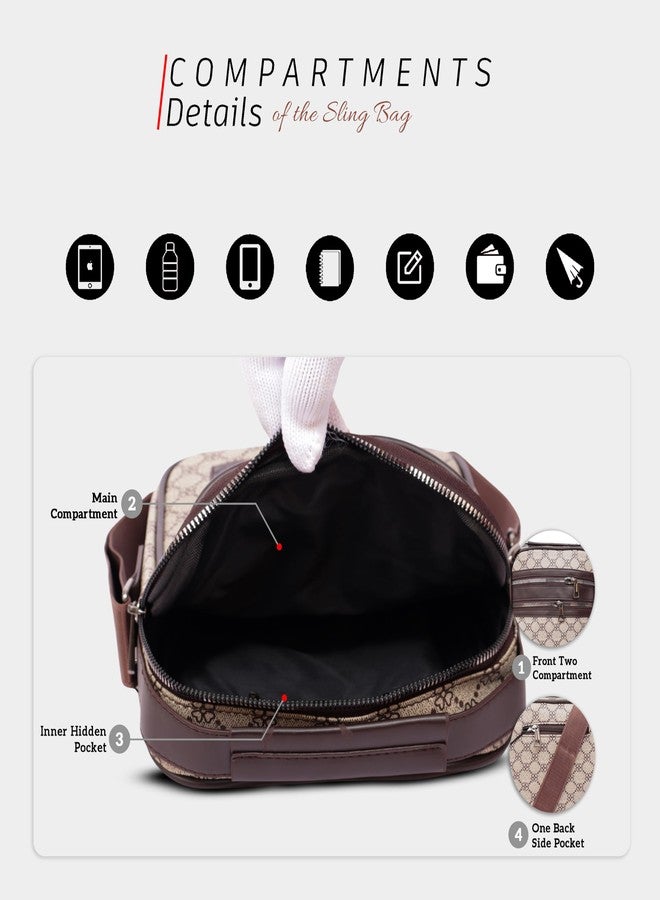 REDHORNS Faux Leather Printed Sling Bag for Men and Women Travel Cross Body Shoulder Bag With Shoulder Strap, Business Messenger Bag with 5 Zipper Pockets (Brown) - Image 4