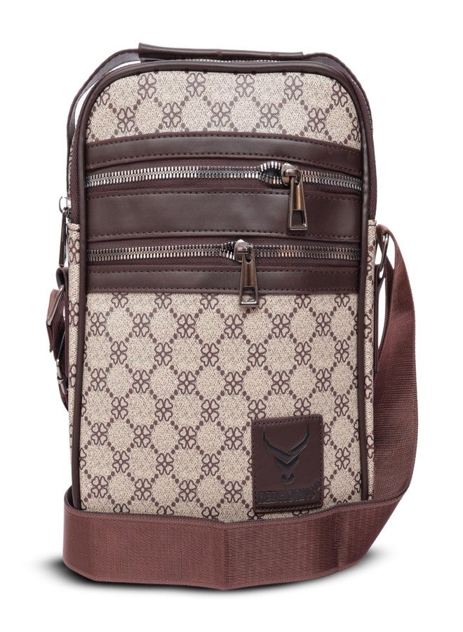 REDHORNS Faux Leather Printed Sling Bag for Men and Women Travel Cross Body Shoulder Bag With Shoulder Strap, Business Messenger Bag with 5 Zipper Pockets (Brown) - Image 1