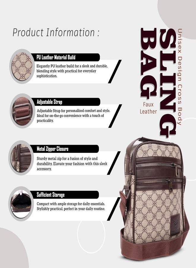 REDHORNS Faux Leather Printed Sling Bag for Men and Women Travel Cross Body Shoulder Bag With Shoulder Strap, Business Messenger Bag with 5 Zipper Pockets (Brown) - Image 2
