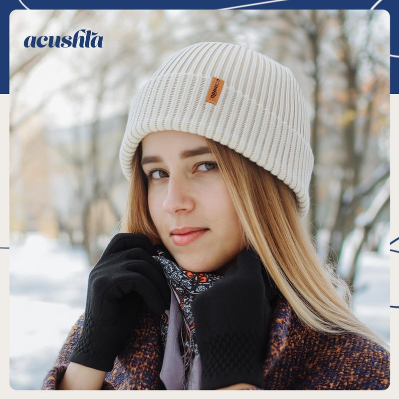 ACUSHLA 100% Merino Wool Cuff Beanie for Men & Women Loose Fit Knitted Winter Hat for Big Head Unisex Watch Cap Skull Wrap for Cold Weather, M-XL Creamy White - Image 2