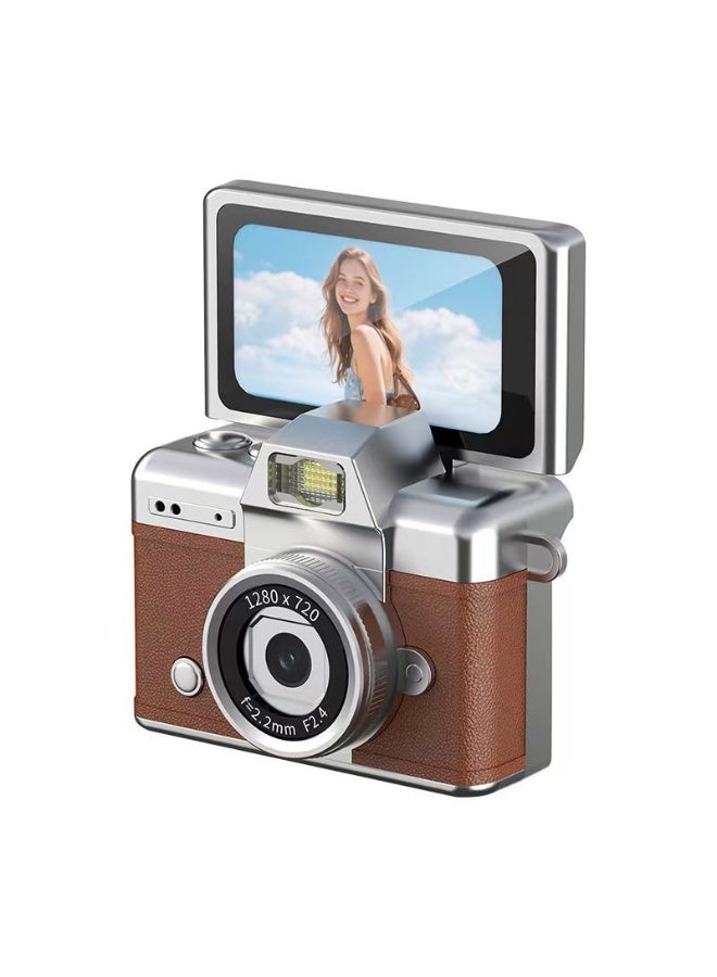Flip-top camera, with built-in flash, portable keychain camera, suitable for travel and daily use, can also be given as a gift to others (brown)