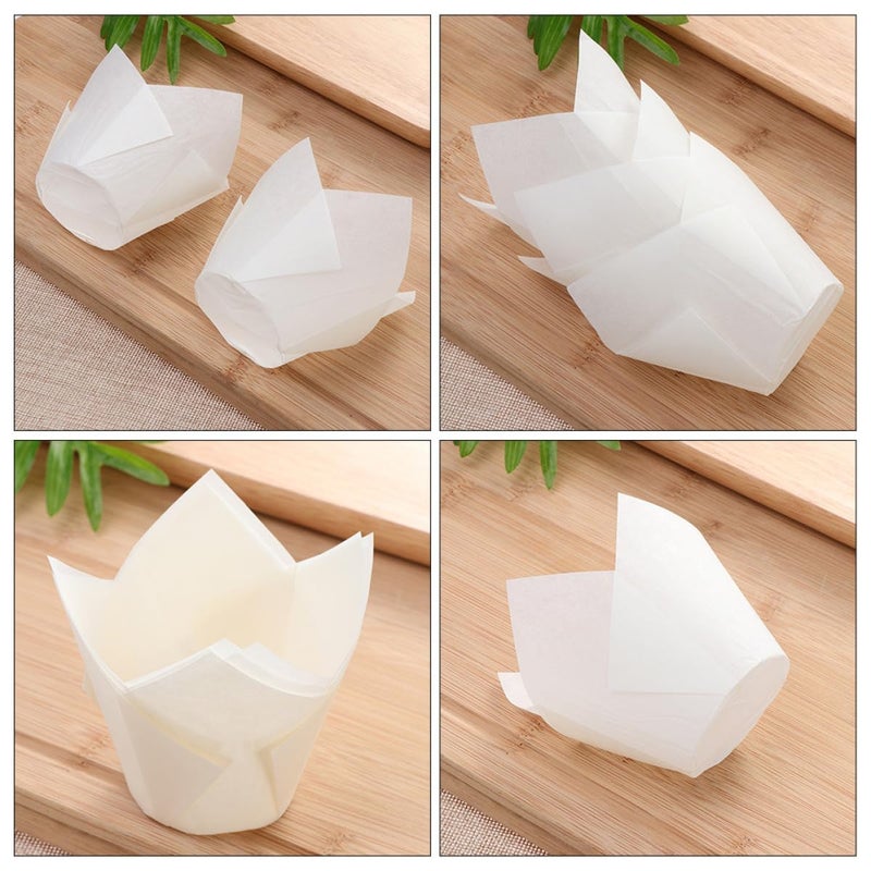 White Disposable Tulip Cake Cups 200pcs Nonstick Greaseproof Baking Liners - Image 4