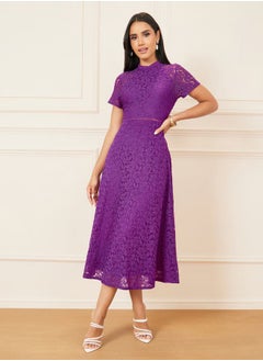 All Over Lace High Neck A-Line Midi Dress