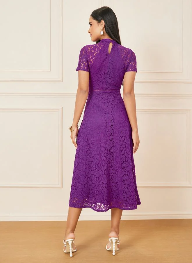Styli All Over Lace High Neck A-Line Midi Dress