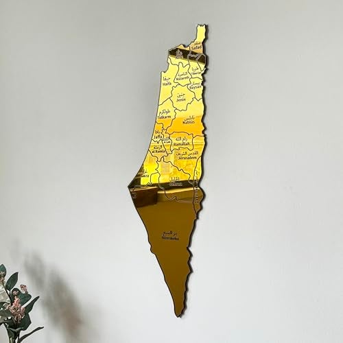 iwa concept 3D Wooden Palestine Map Wall Art Islamic Home Office Decor Mirror Acrylic Palestinian Decor Gift for Muslim Friends Large Gold - Image 1