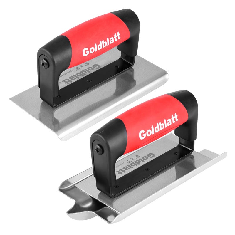 Goldblatt أدوات خرسانة جولدبلات تشمل الحافة (6" × 3"، 1/4"R) والمجرفة (6" × 3"، 1/2"W، 1/2"D)، أدوات إنهاء خرسانية من الفولاذ المقاوم للصدأ - مجموعة أدوات يدوية للبناء، مجموعة إنهاء الأسمنت مع مقبض ناعم - Image 1