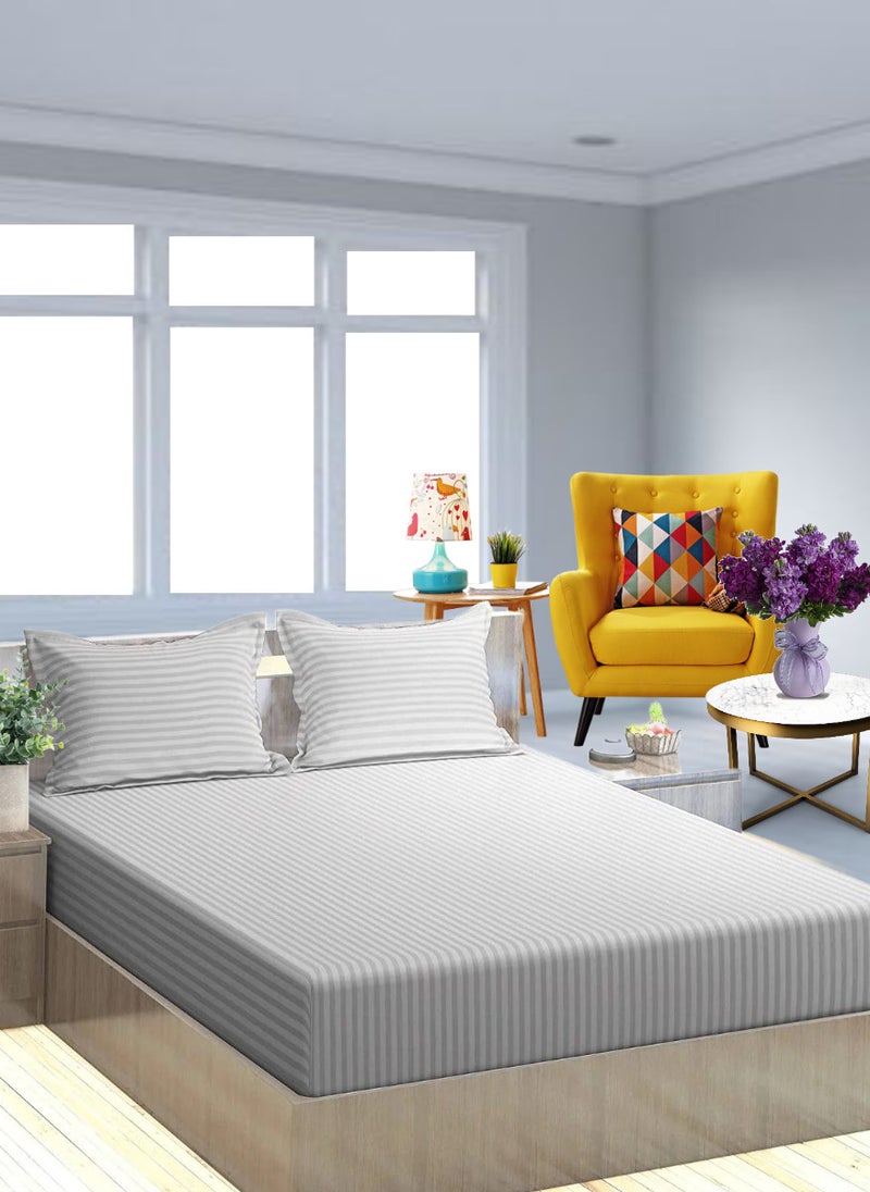 Blueberry Silver Queen Size Stripe Bed Sheet Set Cotton 180x200+25cm - Image 1