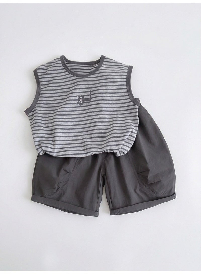 Baby Clothes Summer Set - Cartoon Striped Sleeveless Vest + Casual Shorts 2- Piece Set - Image 5