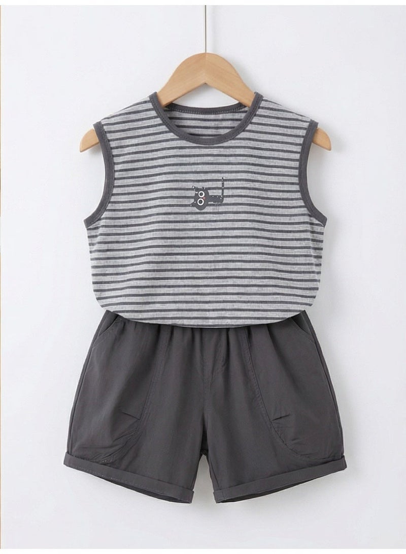 Baby Clothes Summer Set - Cartoon Striped Sleeveless Vest + Casual Shorts 2- Piece Set - Image 1