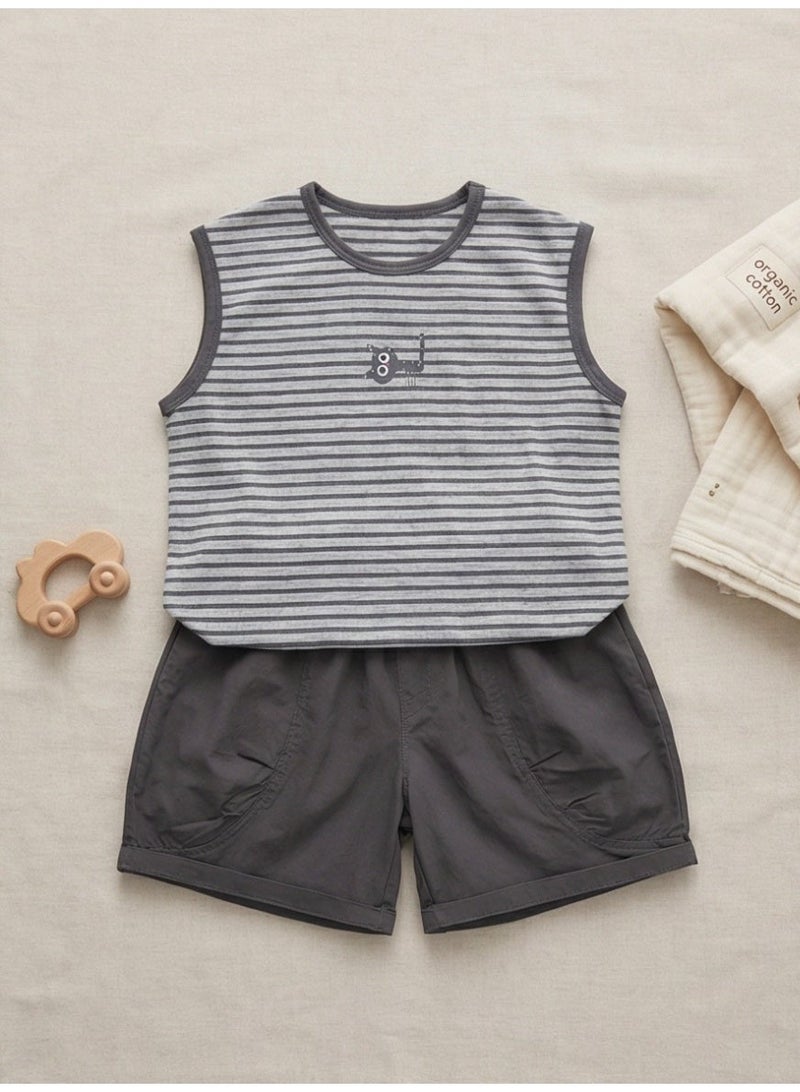Baby Clothes Summer Set - Cartoon Striped Sleeveless Vest + Casual Shorts 2- Piece Set - Image 3