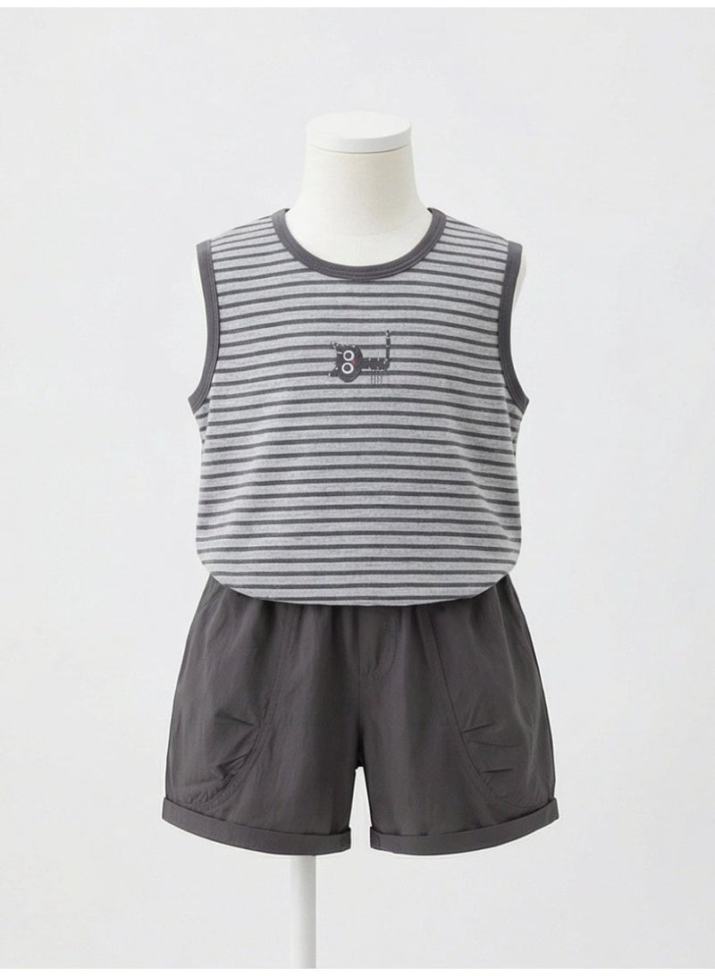 Baby Clothes Summer Set - Cartoon Striped Sleeveless Vest + Casual Shorts 2- Piece Set - Image 2