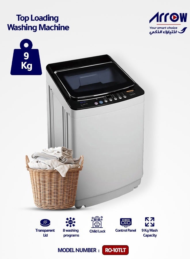 Arrow 9KG Top Loading Fully Automatic Washing Machine, Light Grey, 8 Programs, LED Display, Fuzzy Control, Child Lock, Tempered Glass Lid, Aluminum Motor | Model No: RO-10TLT - Image 1