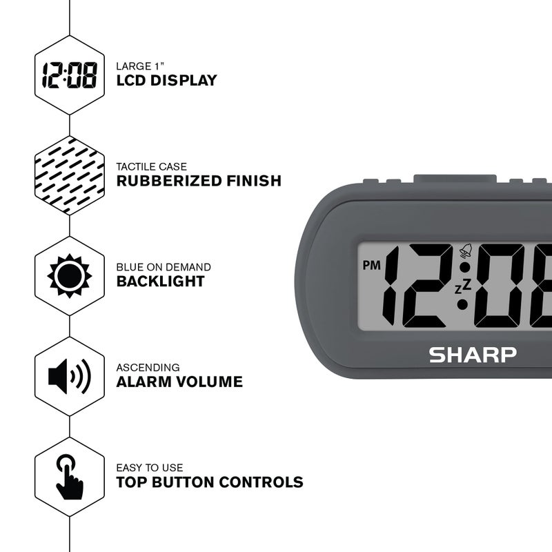 Sharp Digital Alarm Clock â€“ Tactile Plastic Case with Soft Rubberized Finish - Battery Operated â€“ Blue Backlight on Demand â€“ Ascending Alarm â€“ Easy to Use â€“ Charcoal Black - Image 4