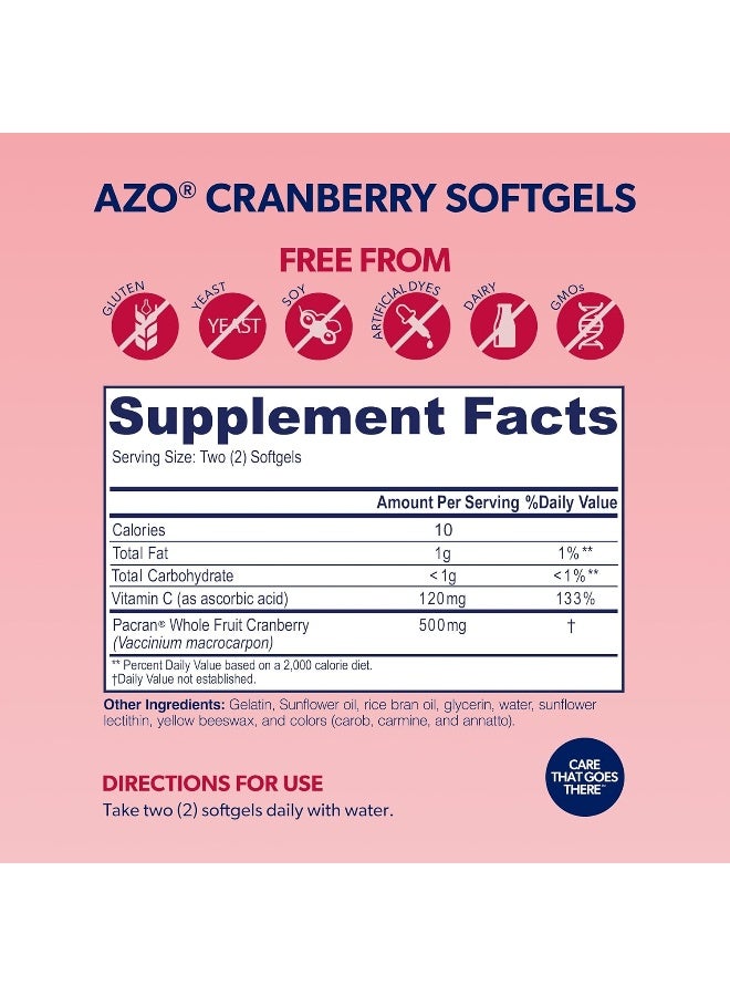 AZO AZO Cranberry Urinary Tract Health Supplement, 1 Serving = 1 Glass of Cranberry Juice, Sugar Free Cranberry Pills, Non-GMO 100 Softgels  - Image 2