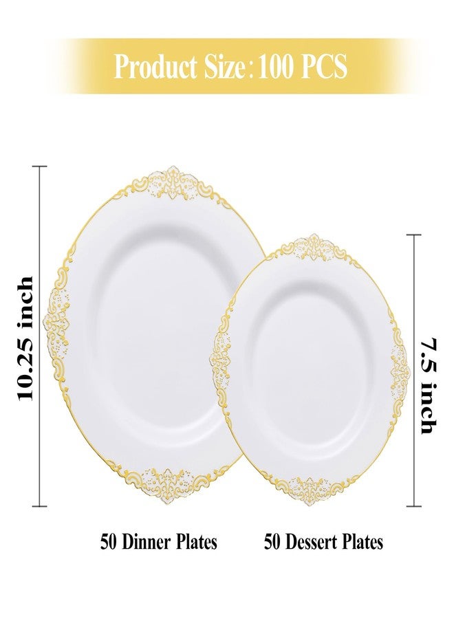 Bestluck 100 PCS White and Gold Plastic Plates for 50 Guests, Gold Disposable Plates Include 50 PCS Dinner Plates, 50 PCS Dessert Plates for Party and Wedding - Image 2